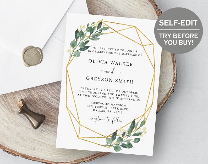 Geometric Wedding Invitation, TRY BEFORE You BUY, Botanical Wedding Invitation Suite, Instant Download, Geometric Wedding Decor, Greenery image 2