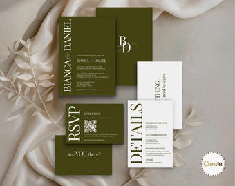 Luxurious Wedding Invite Suite, Minimalistic Wedding Invitation, RSVP Details, Wedding Monogram, Olive Green Wedding Bundle, Canva Editable