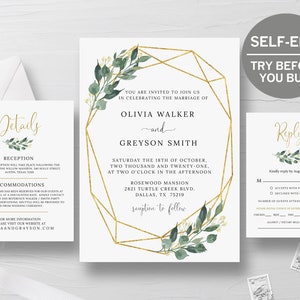 Geometric Wedding Invitation, TRY BEFORE You BUY, Botanical Wedding Invitation Suite, Instant Download, Geometric Wedding Decor, Greenery image 1