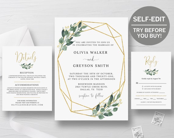Geometric Wedding Invitation, TRY BEFORE You BUY, Botanical Wedding Invitation Suite, Instant Download, Geometric Wedding Decor, Greenery