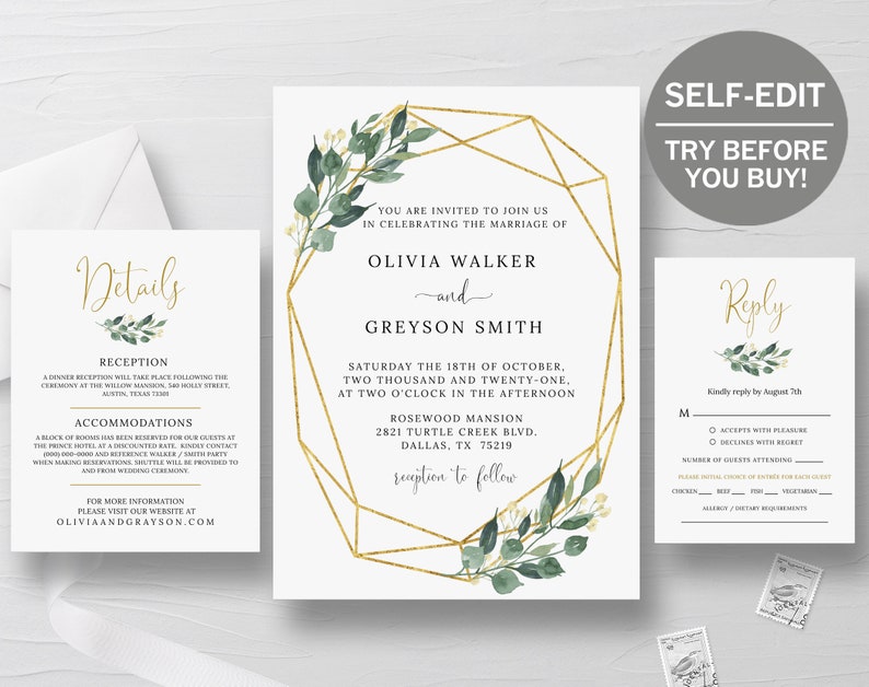 Geometric Wedding Invitation, TRY BEFORE You BUY, Botanical Wedding Invitation Suite, Instant Download, Geometric Wedding Decor, Greenery image 1