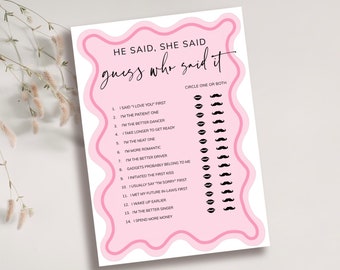 He Said She Said Bridal Shower Game, Printable Pink Bachelorette Game, Hen Party Game, Editable Wedding Shower, Couples Shower, Download
