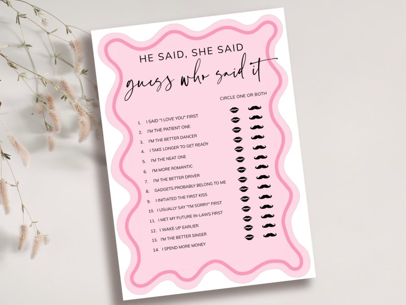 He Said She Said Bridal Shower Game, Printable Pink Bachelorette Game, Hen Party Game, Editable Wedding Shower, Couples Shower, Download image 1