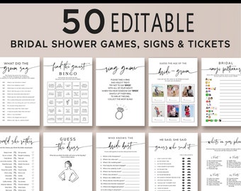 May include: A collection of 50 editable bridal shower games, signs, and tickets. The games include bingo, ring game, and emoji pictionary. The text "Happy Holidays - 50% Off" is at the top.