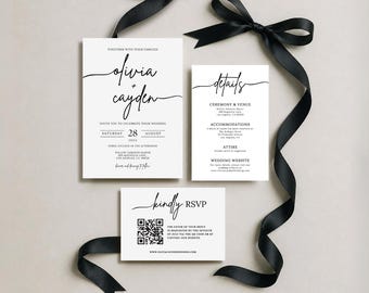 Luxurious Wedding Invitation Suite Template, Classic Editable Wedding Invite, QR Code, Wedding Monogram, RSVP, Details Card, Canva Editable