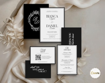 Black White Wedding Invitation Suite Template with RSVP & Details, Old Money Wedding Invite Bundle, Canva Editable, Digital Download, DIY