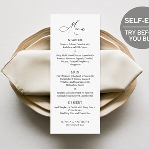 Printable Wedding Menu Template, Printable Menu Cards, Menu Cards, 100% Editable, TRY BEFORE You BUY, Instant Download, Elegant