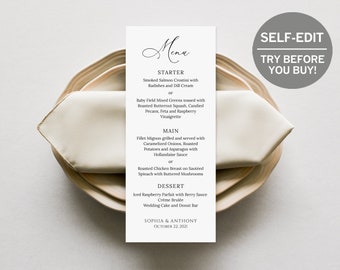 Printable Wedding Menu Template, Printable Menu Cards, Menu Cards, 100% Editable, TRY BEFORE You BUY, Instant Download, Elegant