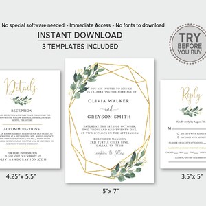 May include: Printable wedding invitation set with gold geometric frames and greenery. The invitation features the couple's names, wedding date, time, and location. The RSVP card includes a place for guests to indicate their attendance and dietary restrictions. The set is available for instant download and includes three templates.