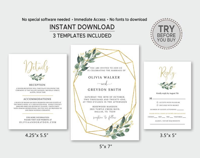 May include: Printable wedding invitation set with gold geometric frames and greenery. The invitation features the couple's names, wedding date, time, and location. The RSVP card includes a place for guests to indicate their attendance and dietary restrictions. The set is available for instant download and includes three templates.