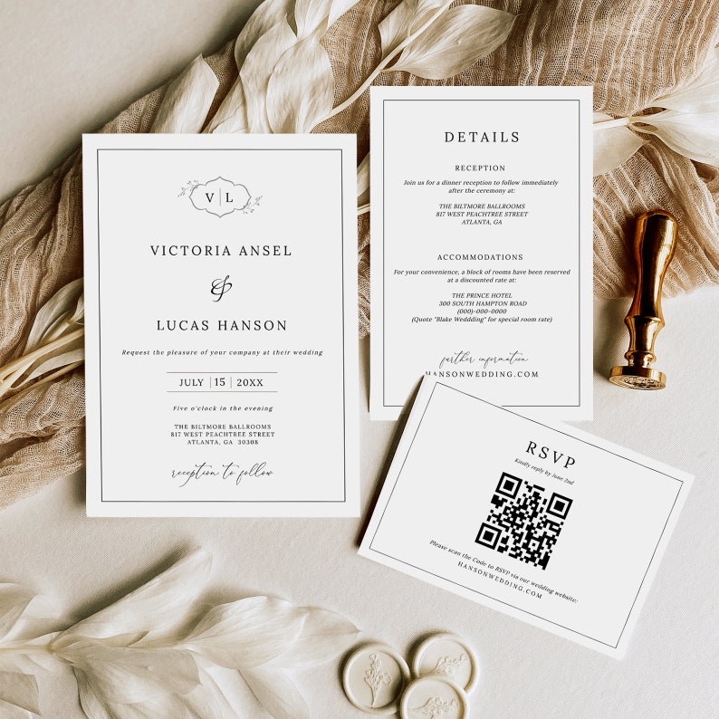 QR Code Wedding Invitation Set, Monogram, Minimalist Wedding Invites ...