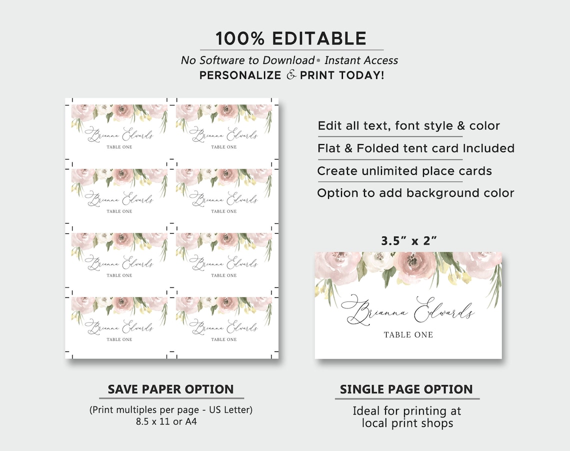 Bridal Shower Place Cards Floral Place Cards Printable | Etsy