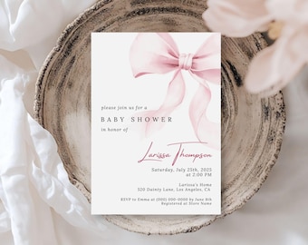 Pink Bow Baby Shower Invitation Template, Girl Baby Shower Invite, Blush Coquette Baby Shower, Editable Template, Instant Download, Canva
