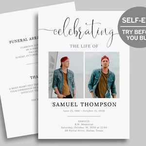 Può includere: Un biglietto di cordoglio in bianco e nero con una foto di un uomo con una giacca di jeans blu e un cappello rosso. Il testo recita "celebrando la vita di Samuel Thompson, 25 giugno 1981 - 15 ottobre 2030".