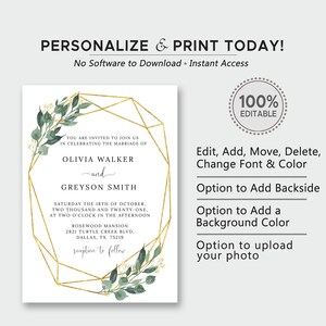 May include: A wedding invitation template with a gold geometric frame and green foliage. The text reads "You are invited to join us in celebrating the marriage of Olivia Walker and Greyson Smith. Saturday the 18th of October, two thousand and twenty-one, at two o'clock in the afternoon. Rosewood Mansion 2821 Turtle Creek Blvd. Dallas, TX 75219. Reception to follow."
