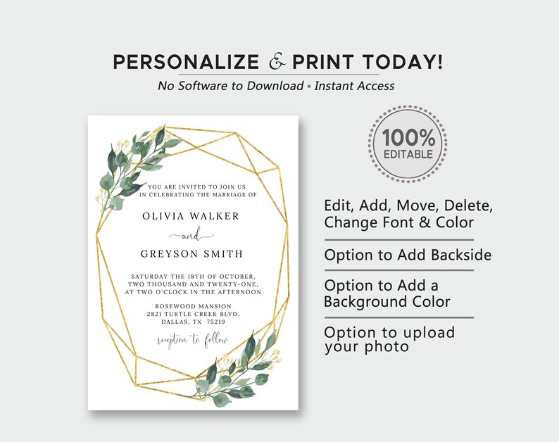 May include: A wedding invitation template with a gold geometric frame and green foliage. The text reads "You are invited to join us in celebrating the marriage of Olivia Walker and Greyson Smith. Saturday the 18th of October, two thousand and twenty-one, at two o'clock in the afternoon. Rosewood Mansion 2821 Turtle Creek Blvd. Dallas, TX 75219. Reception to follow."