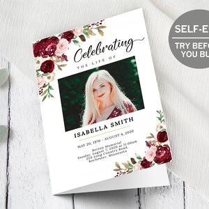 Editable Funeral Program Template, Celebration of Life Card, Order of Service,  Obituary Template, Prayer Card, Printable Memorial Program