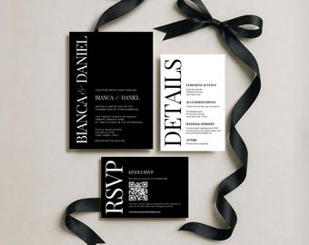 Luxurious Wedding Invite Suite, Minimalistic Wedding Invitation, RSVP Card, Details Card, Black White Wedding Bundle, QR Code Canva Editable