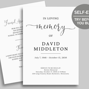 Funeral Program Template, TRY BEFORE You BUY, Celebration of Life, Obituary Card, Funeral Prayer Card, Printable Memorial Program, Editable