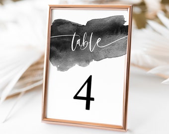 Editable Wedding Table Numbers Template, Black Watercolor, Minimalist Table Numbers, Digital Download, Printable, 4x6, 5x7, Templett