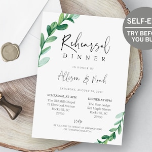 Eucalyptus Rehearsal Dinner Invitation, TRY BEFORE You BUY, Rehearsal Dinner Invites, Greenery Wedding Invitation, Instant Download, Diy