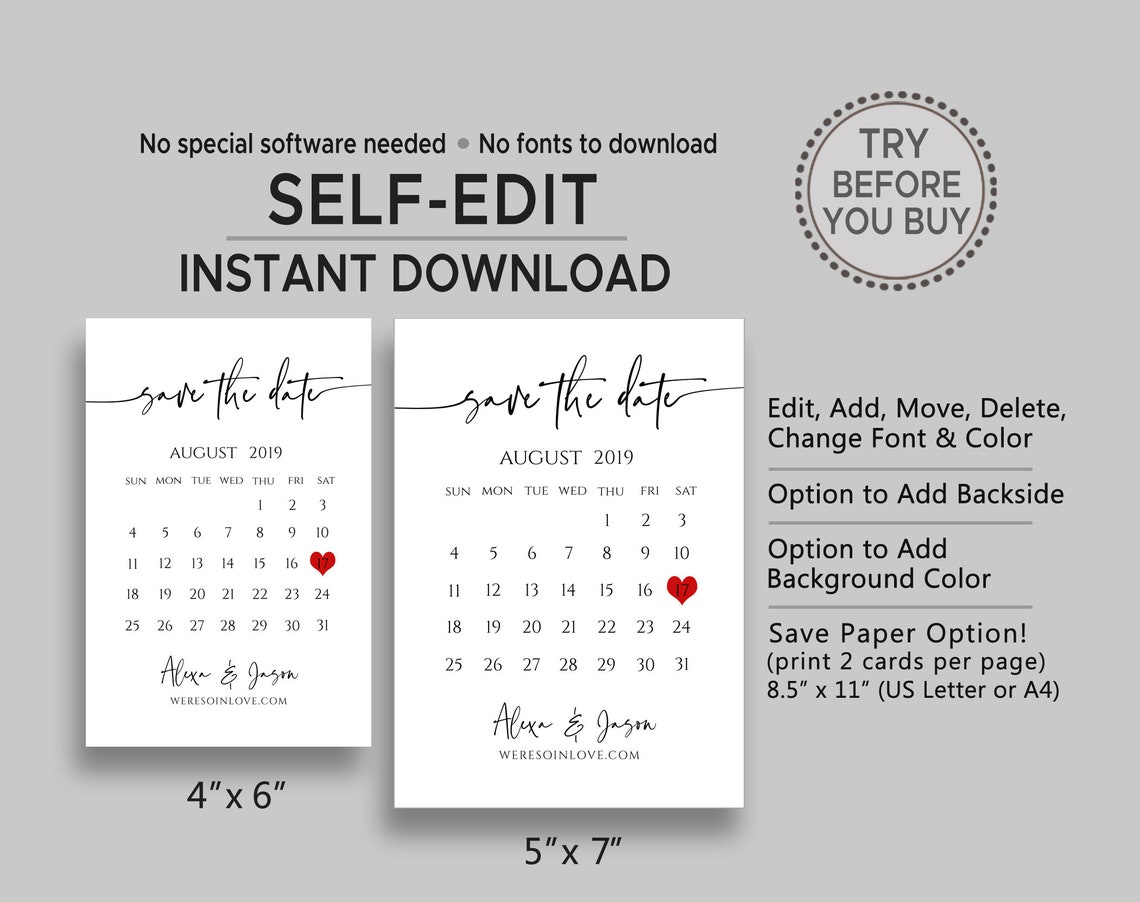 Printable Save the Date Calendar Template Save the Date Etsy Canada