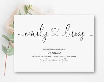 Save The Date Postcard, Printable Wedding Save The Date Cards, Wedding Announcement, Heart Invitation, Rustic Wedding Invitation, Editable