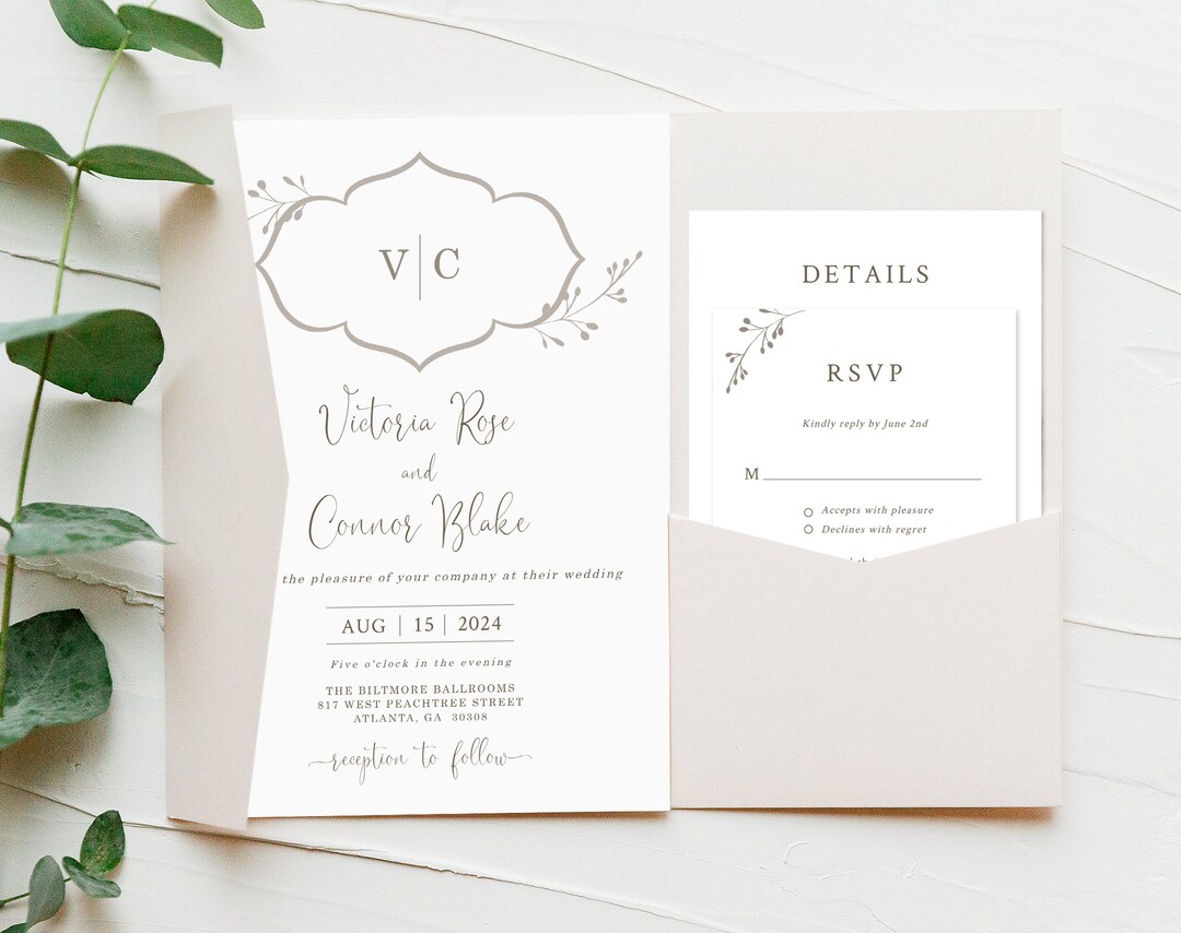 Pocketfold Wedding Invitation Template Set, Monogram Wedding Invites