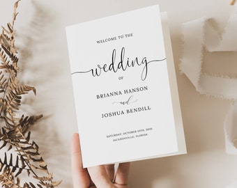Wedding Program Template Folded, Editable, Wedding Itinerary, Modern Calligraphy, Timeline, Ceremony Program, 4 Page, INSTANT Download