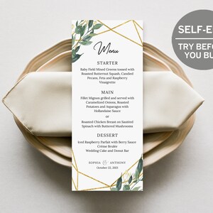 Wedding Menu Cards, TRY DEMO NOW, Wedding Menu Template, Geometric Wedding, Wedding Template, Wedding Signage, Rustic Wedding, Greenery, Diy
