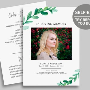 Funeral Program Template, TRY BEFORE You BUY, Celebration of Life, Obituary Card, Printable Memorial Program, Funeral Prayer Card, Editable