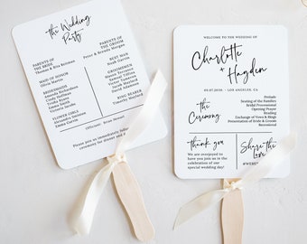 May include: Two white wedding ceremony fans with black calligraphy text. The left fan lists the wedding party members and their roles. The right fan has the wedding date, location, and ceremony order. The text on the right fan reads "Welcome to the wedding of Charlotte + Hayden 09.07.2030 - Los Angeles, CA The Ceremony Prelude Seating of the Families Bridal Processional Opening Prayer Reading Exchange of Vows & Rings Presentation of Bride & Groom Recessional Thank you Share the Love #WERE"