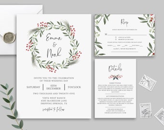 May include: A wedding invitation suite featuring a watercolour wreath of foliage and red berries. The invitation includes the couple's names, "Emma & Noah", and the wedding date and time. The RSVP card has a section for guests to confirm their attendance and choose their meal preference. The details card provides directions and accommodation information for the wedding.
