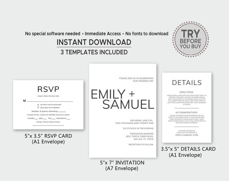 Printable Wedding Invitation Suite Wedding Invitation Set | Etsy