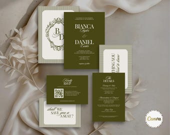 Olive Green Wedding Invitation Suite with RSVP, Details and Wedding Monogram, Classic Wedding Invite Bundle, Elegant Canva Editable Template
