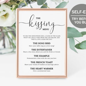 Kissing Menu, Printable Menu Cards, Wedding Menu Template, Wedding Signage, Personalized Wedding Sign, Rustic Wedding Games, Minimalist