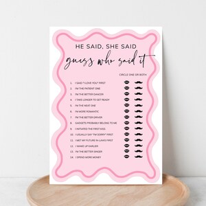 He Said She Said Bridal Shower Game, Printable Pink Bachelorette Game, Hen Party Game, Editable Wedding Shower, Couples Shower, Download image 4