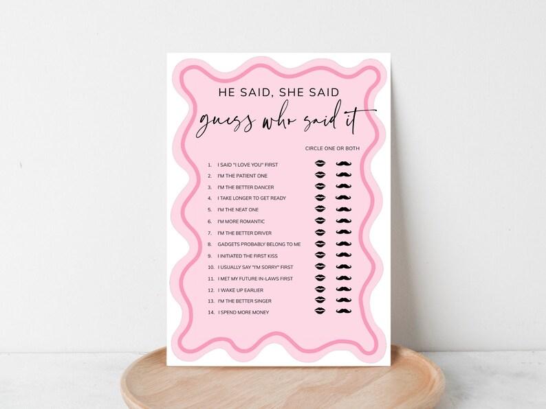 He Said She Said Bridal Shower Game, Printable Pink Bachelorette Game, Hen Party Game, Editable Wedding Shower, Couples Shower, Download image 4