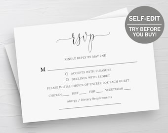 RSVP Card Template, Wedding RSVP Cards, Response Cards, RSVP Template, Instant Download, Wedding Printable, Templett, Editable, Minimalist