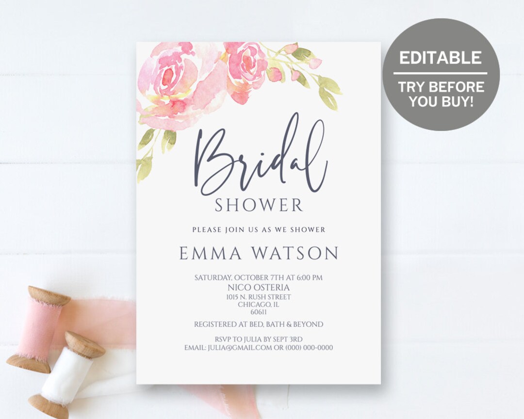 Bridal Shower Invitation Template, Blush and Gold Floral Invitation ...