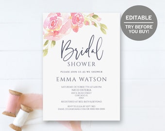 Bridal Shower Invitation Template, Blush And Gold Floral Invitation Printable, 100% Editable, Printable Shower Invite, Instant Download, DIY