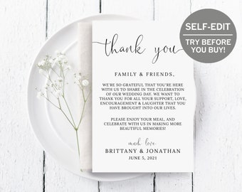 Simple Wedding Thank You Cards, TRY BEFORE You BUY, Wedding Menu Cards, Thank You Card Template, Instant Download, Note, Minimalist