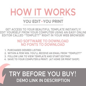 May include: A gray and pink graphic with the text "How It Works" in large, bold, pink letters. The text "You Edit You Print" is in smaller, pink letters. The graphic explains how to use a digital template service. The text "Try Before You Buy!" is in large, bold, pink letters. The text "Demo Link in Description" is in smaller, pink letters.