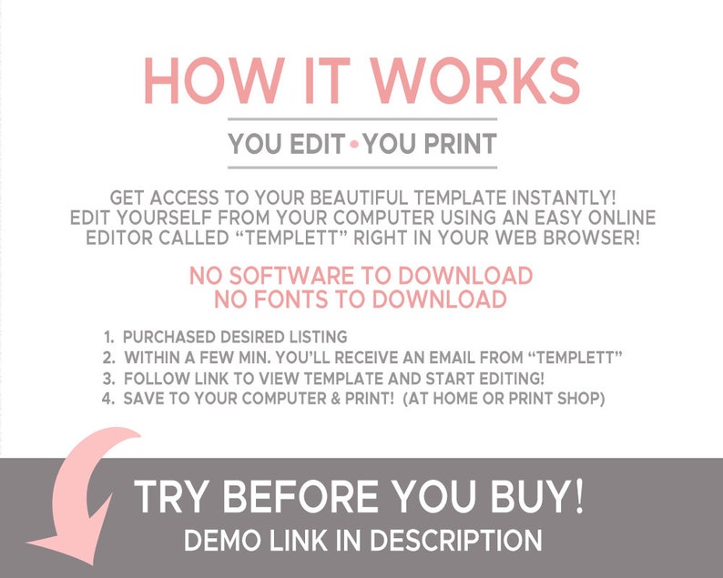 May include: A gray and pink graphic with the text "How It Works" in large, bold, pink letters. The text "You Edit You Print" is in smaller, pink letters. The graphic explains how to use a digital template service. The text "Try Before You Buy!" is in large, bold, pink letters. The text "Demo Link in Description" is in smaller, pink letters.