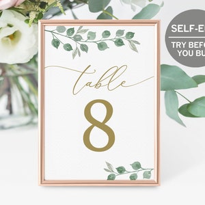 Gold Table Number Template, TRY BEFORE You BUY, Greenery Wedding Table Numbers, Rustic Table Numbers, Number Sign for Table Number Holders
