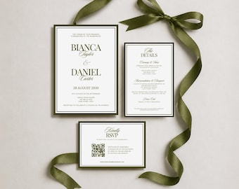 Old Money Wedding Invitation Suite Template with RSVP and Details, Olive Green Wedding Invite Bundle, QR Code, Minimalistic Canva Editable