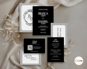 Elegant Wedding Invitation Suite with RSVP, Wedding Monogram, Black White Wedding Invite Bundle Template, Canva Editable, Classic Invite Set