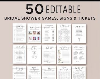 May include: A set of 50 printable bridal shower games, signs, and tickets. The games include "What Did the Groom Say", "Guess the Age of the Bride & Groom", "He Said, She Said", "Find the Guest Bingo", "Ring Game", "Would She Rather", "Guess the Dress", "Who Knows the Bride Best", "Bridal Emoji Pictionary", "What's on Your Phone", "Two Truths and a Lie", "Bridal Scattergories", "Advice for the Bride-to-Be", "Bridal Word Search", "How This Got Mad Libs".