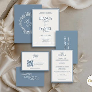 May include: A collection of wedding stationery in shades of blue and white. The set includes invitations, RSVP cards, and detail cards. The text includes the names "Bianca & Daniel", date, and other wedding details. The design is elegant and classic.