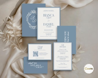 Dusty Blue Wedding Invitation Suite with RSVP Details & Monogram, Luxury Old Money Wedding Invite Bundle, Canva Editable Templates, Elegant